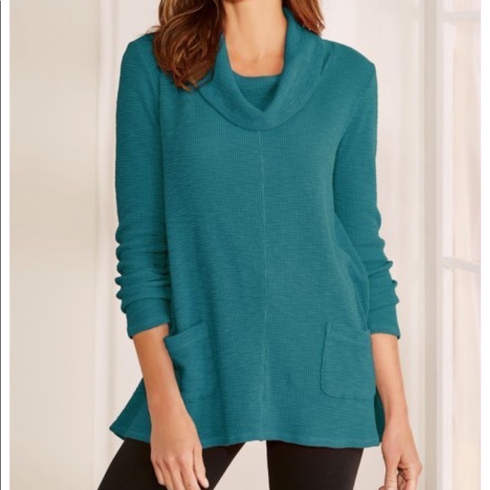Soft Surroundings Tati Waffle Knit Cowl Neck Tunic Top Green Size M